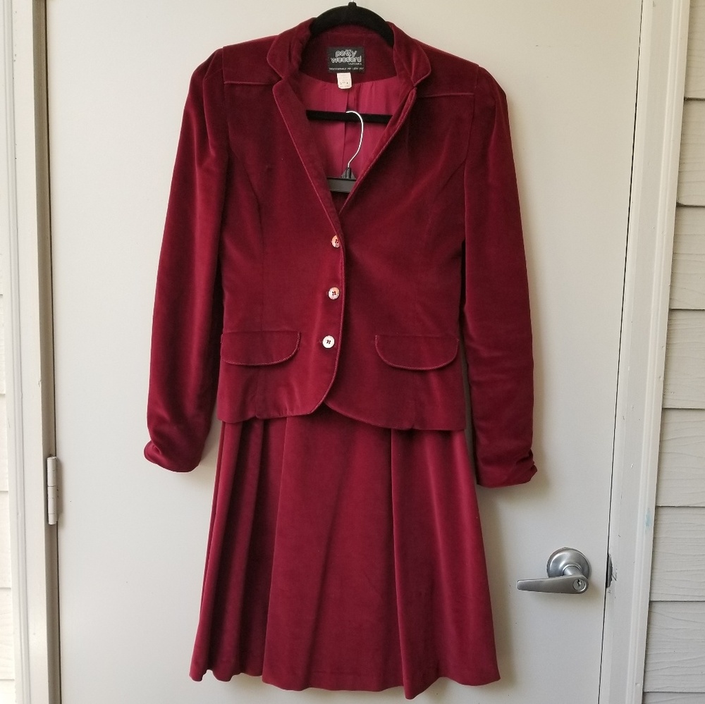 Vintage Patty Woodard XS Velvet Pleated Skirt Suit Academia Goth‎ Burgundy
